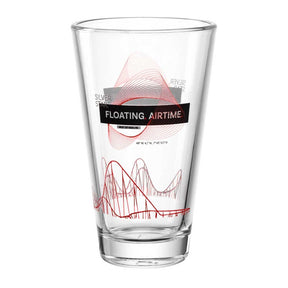Trinkglas mit rotem Druck, Achterbahn-Motiv und "Floating Airtime" Schriftzug