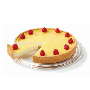 Tortenplatte CIAO mit Zitronentarte und Himbeeren, eine Portion entnommen