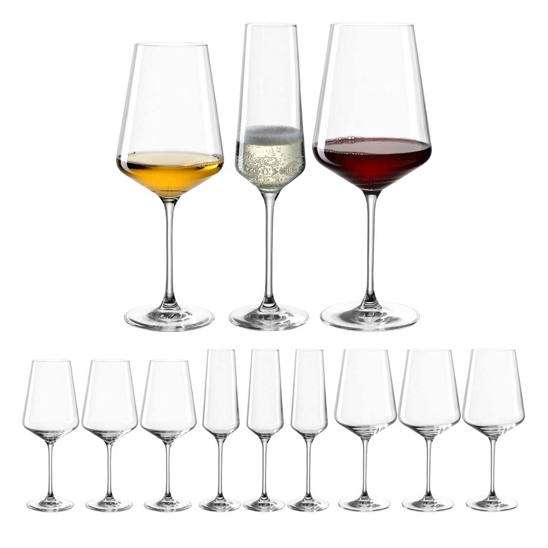Kelchgläser PUCCINI 12-teilig, drei gefuellt mit Wein und Champagner, neun leere Gläser
