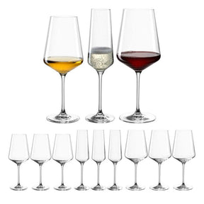 Kelchgläser PUCCINI 12-teilig, drei gefuellt mit Wein und Champagner, neun leere Gläser
