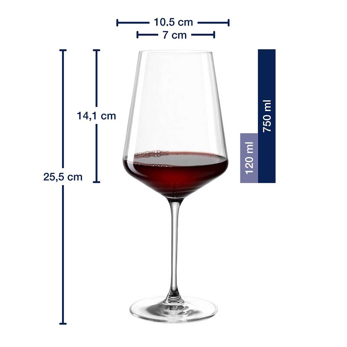 Massangaben zu Kelchgläsern PUCCINI mit rotem Wein gefüllt