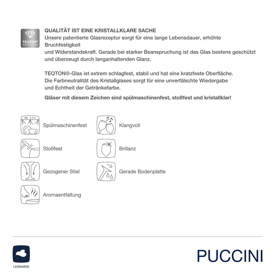 Qualitätsmerkmale und Pflegeanleitung für Weißweinglas PUCCINI mit Symbolen