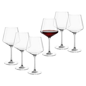 Burgunderglas PUCCINI 730 ml 6er-Set, eines mit Rotwein gefüllt