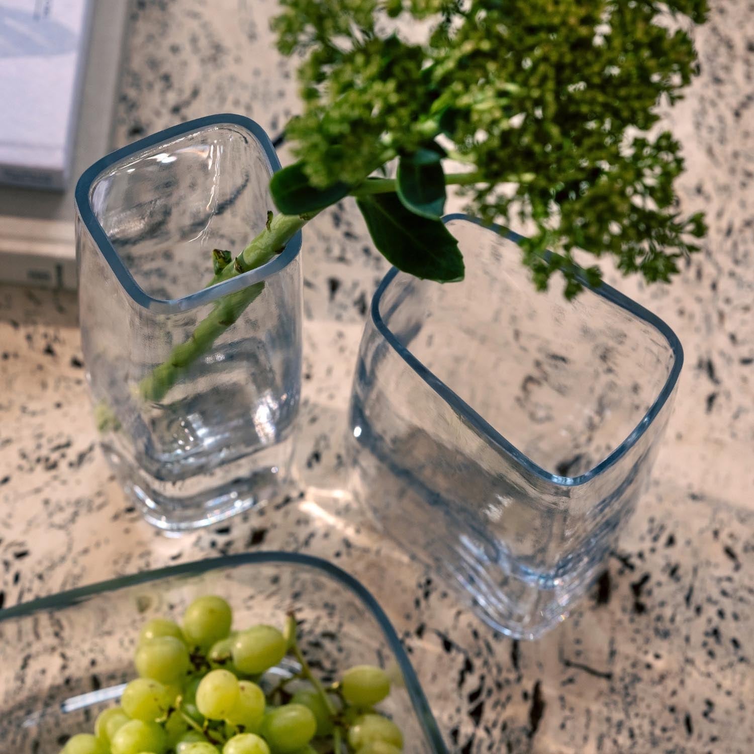 Zwei Solifleurvase PIETRA mit Pflanzen und grünen Trauben auf Granit-Arbeitsplatte