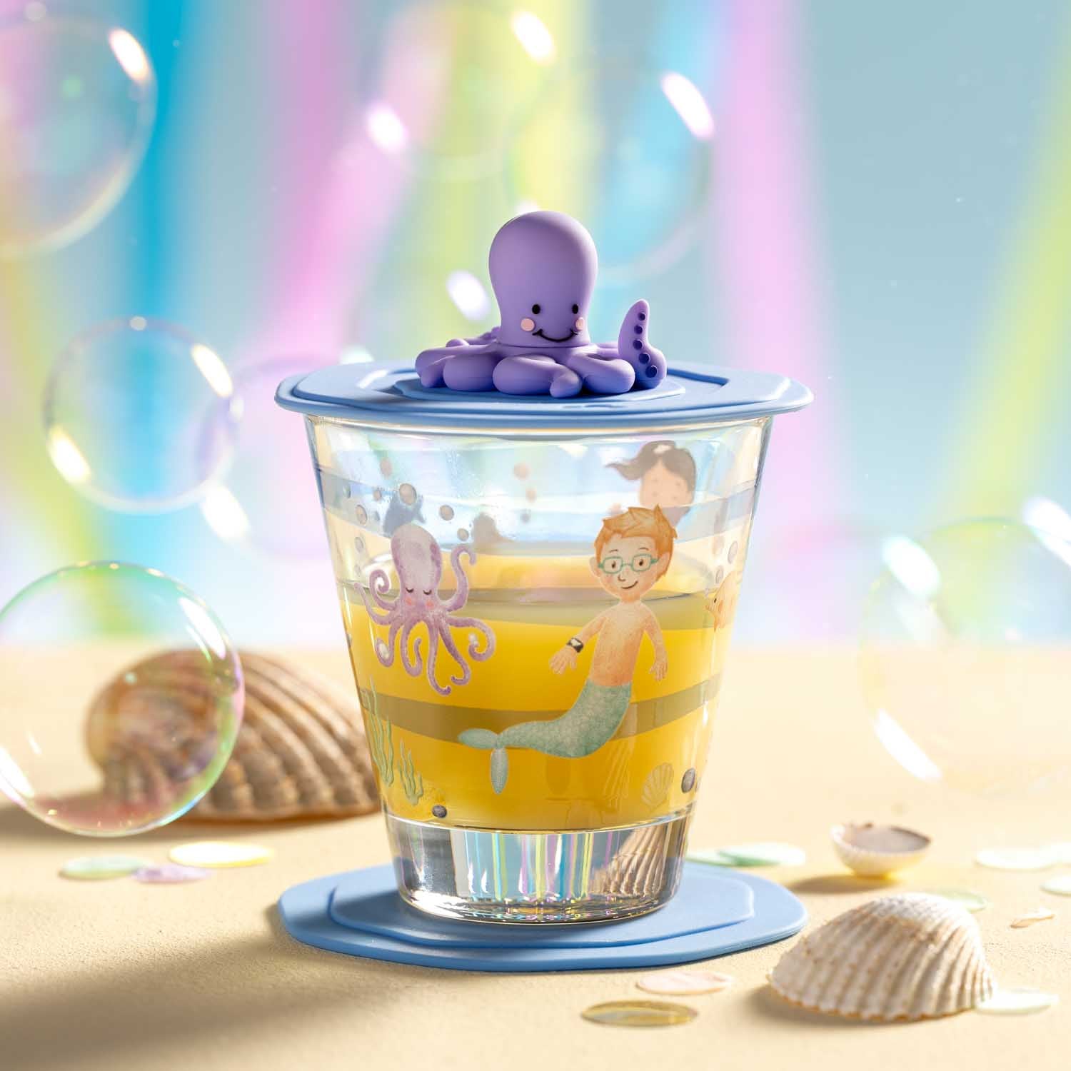 Deckel blau BAMBINI AVVENTURA Krake auf Glas mit Strandmotiv und Muscheln