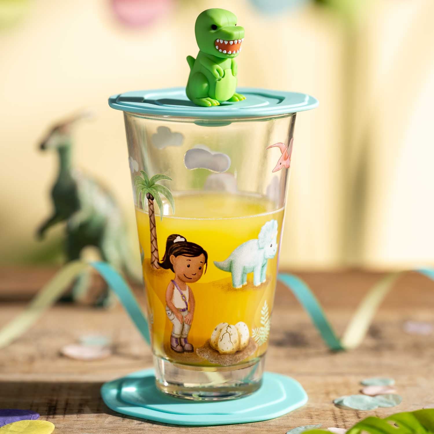 Deckel türkis BAMBINI AVVENTURA Dinosaurier auf Trinkglas mit Motiven