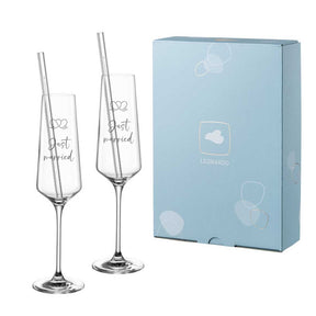 Sektglas Geschenkset PUCCINI mit Gravur "just married", blaue Verpackung