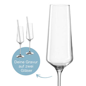 Sektglas PUCCINI mit Gravur auf zwei Gläsern, einzelnes Glas daneben