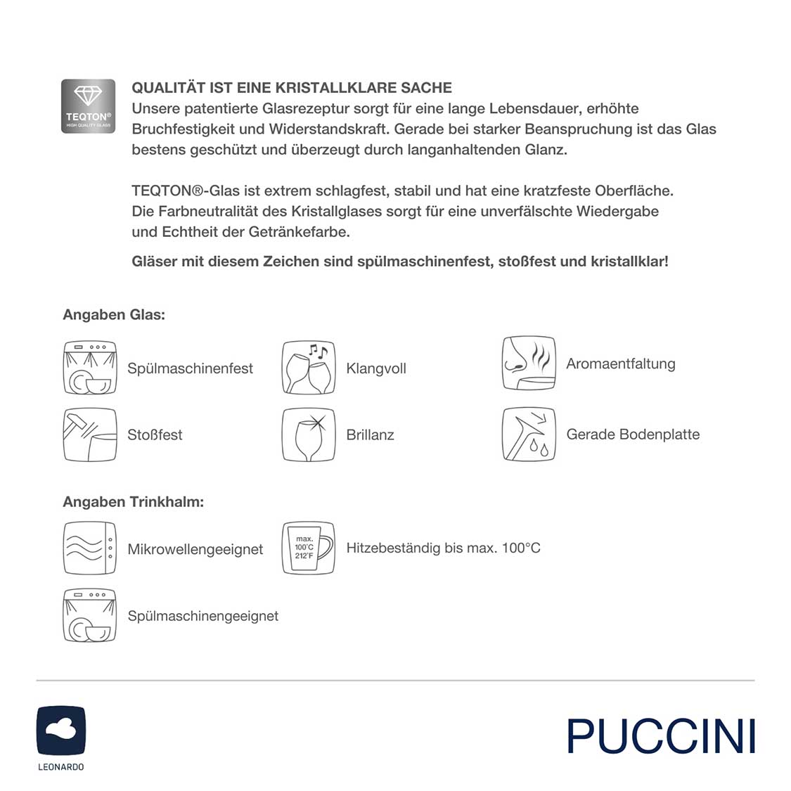 Produktinformationen und Pflegeanleitung für Sektglas PUCCINI mit Symbolen