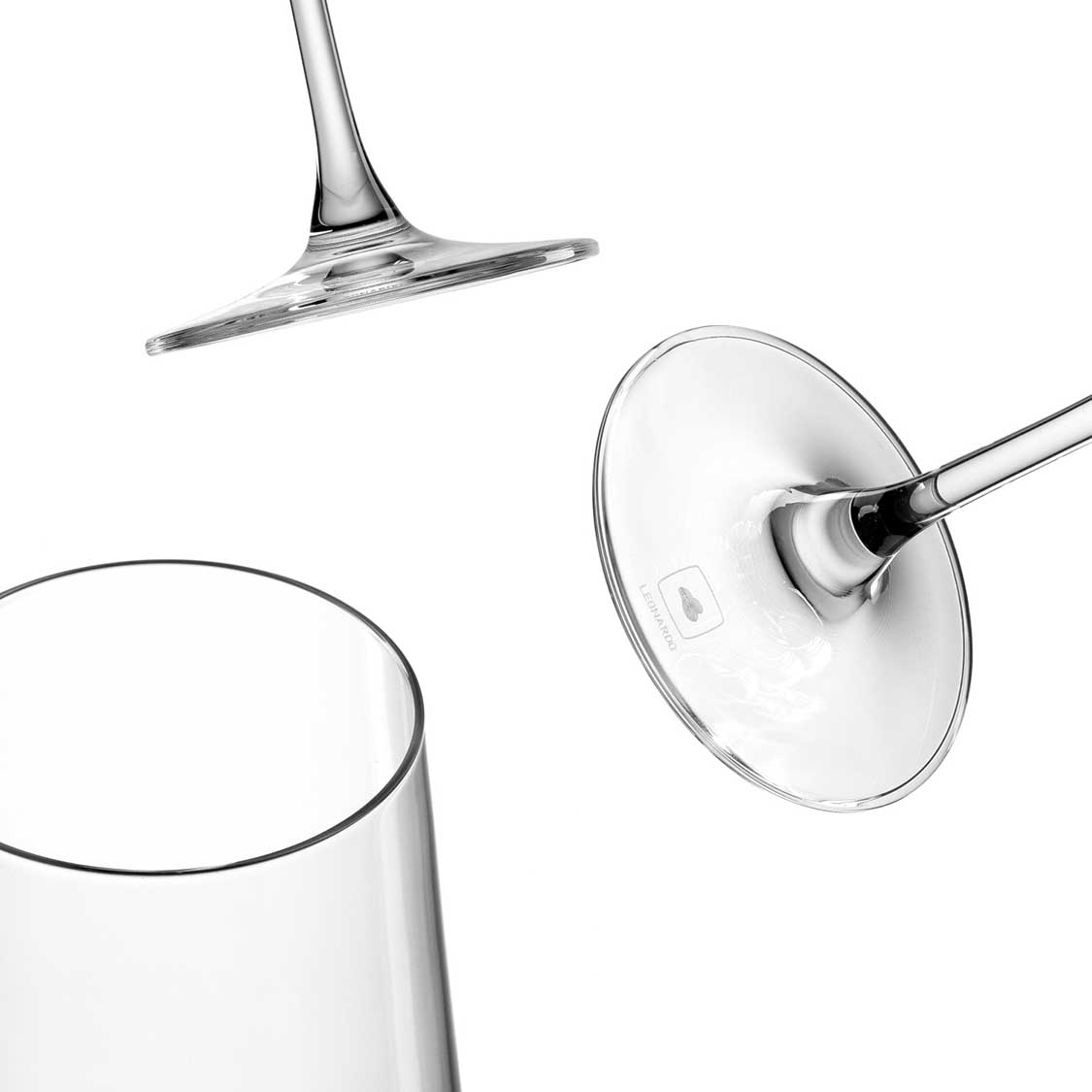 Sektglas PUCCINI in verschiedenen Perspektiven, Draufsicht und Detail des Glases