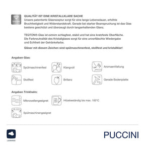 Produktinformationen und Pflegeanleitung Sektglas PUCCINI mit Symbolen