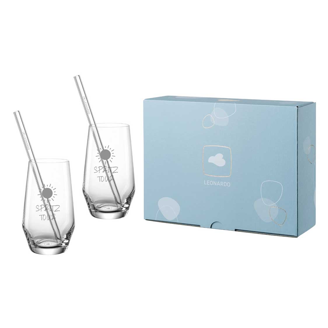 Trinkglas Geschenkset PUCCINI mit zwei Gläsern, Strohhalmen und blauer Geschenkbox