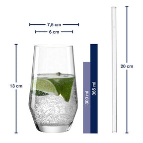 Massangaben zu Trinkglas Geschenkset PUCCINI 5-teilig 365 ml, Trinkglas mit Limette und Mineralwasser gefüllt