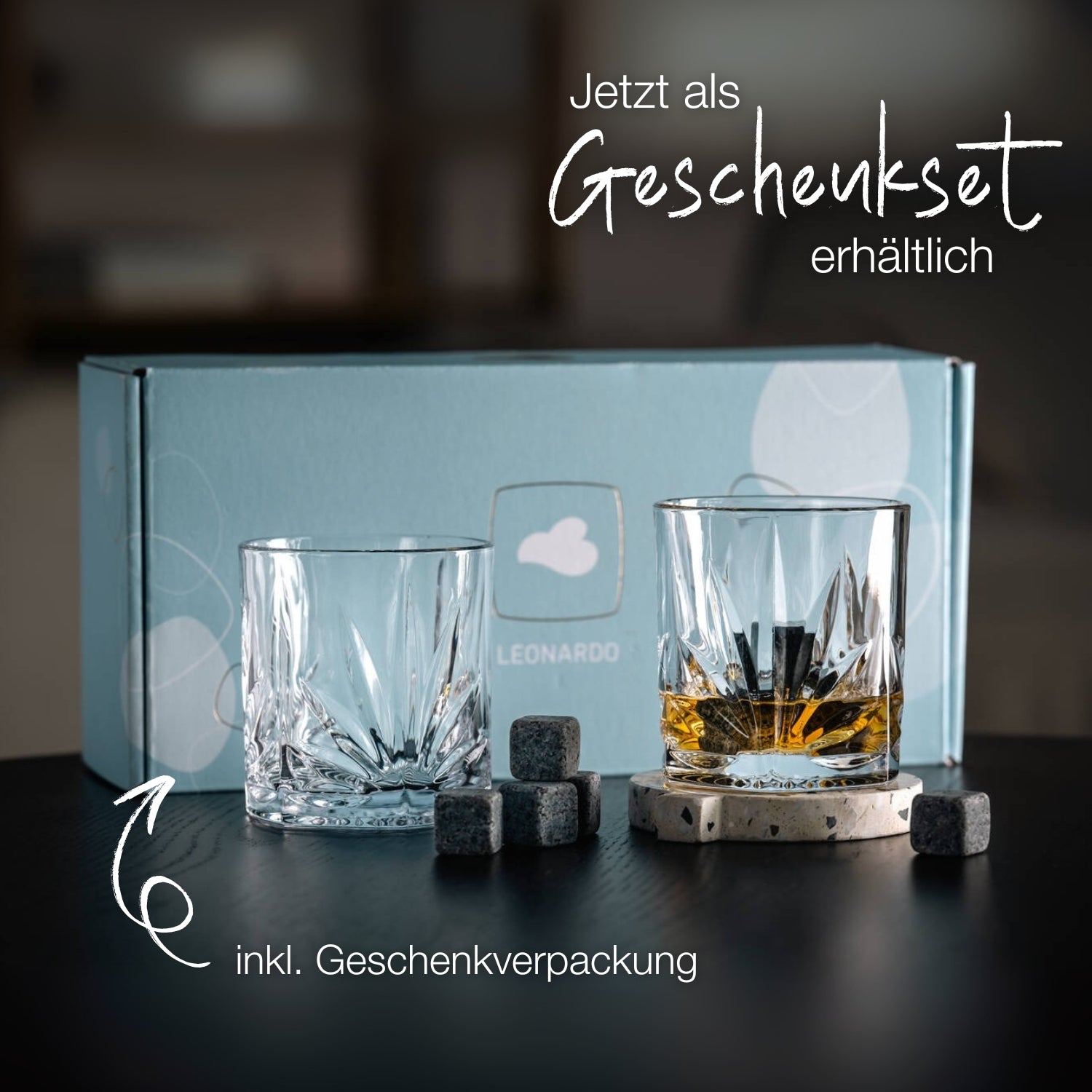 Whiskybecher CAPRI mit Kühlsteinen in blauer Geschenkbox