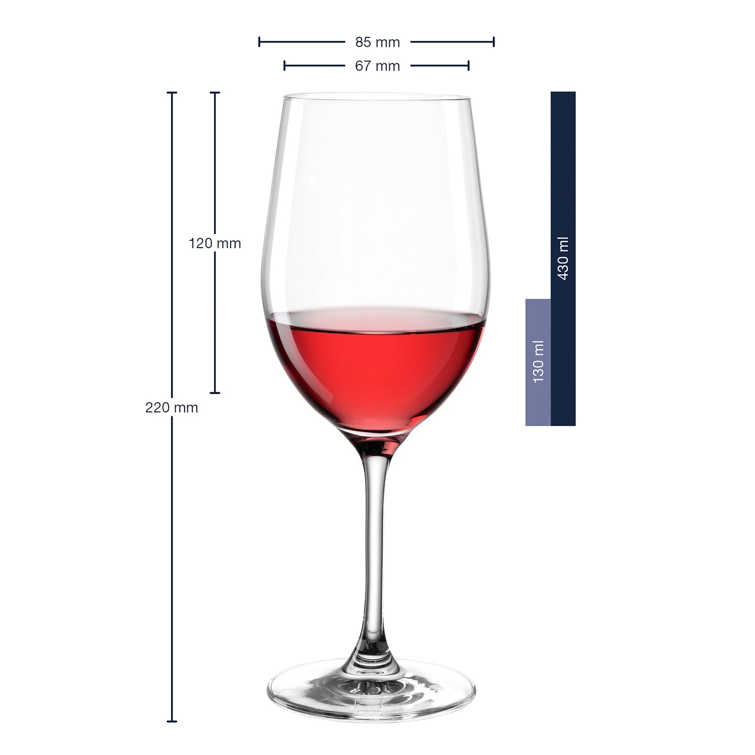 Rotweinglas CIAO+ mit Rotwein gefüllt und Massangaben