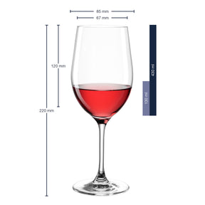 Rotweinglas CIAO+ mit Rotwein gefüllt und Massangaben