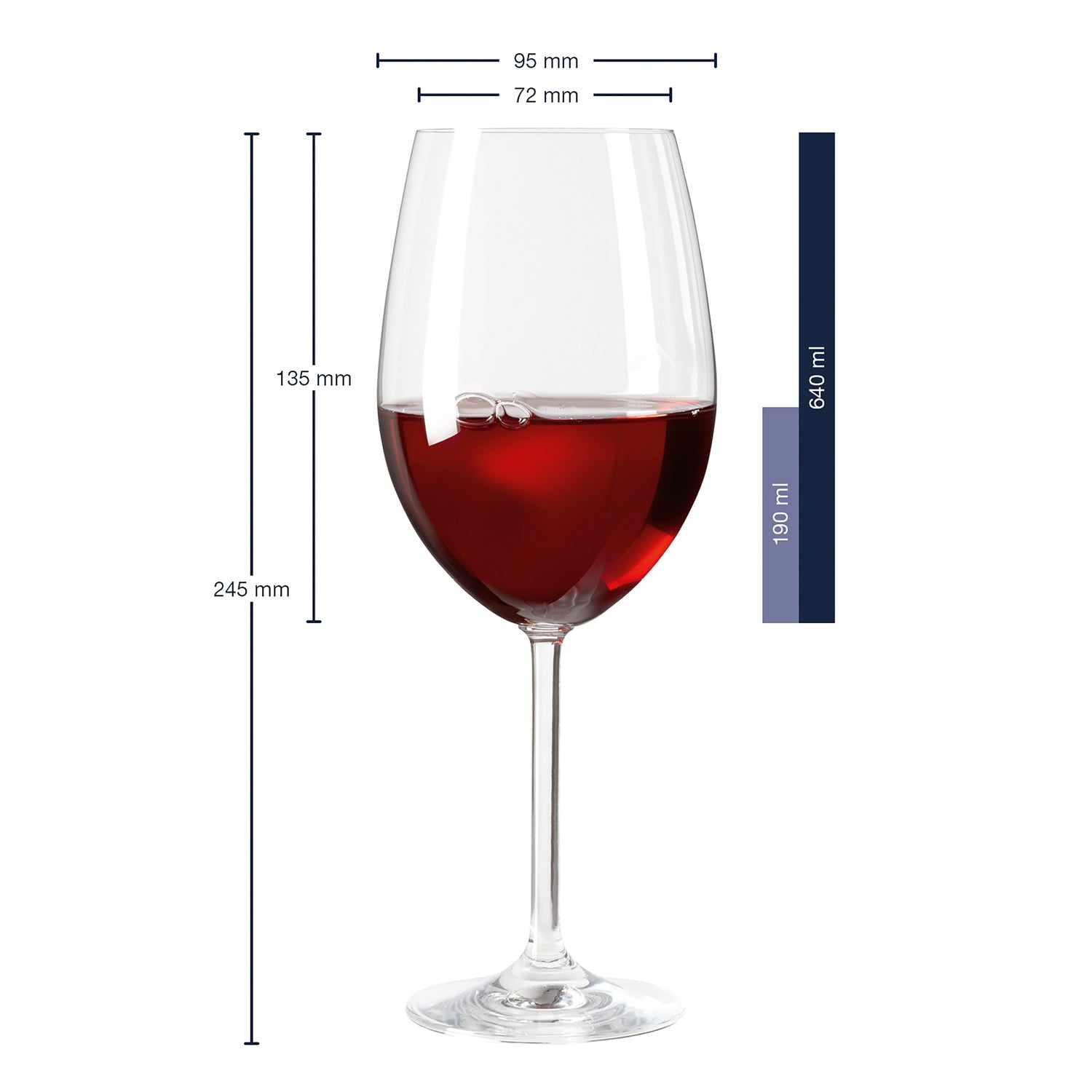 Bordeauxglas DAILY mit Rotwein gefüllt und Massangaben