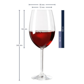 Bordeauxglas DAILY mit Rotwein gefüllt und Massangaben