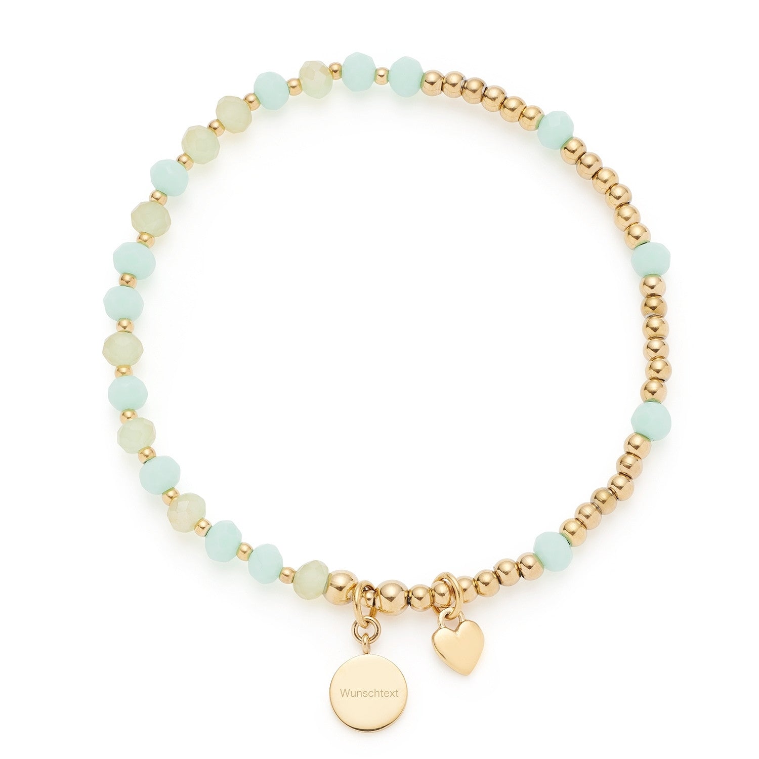Armband gold EVELYN mit hellgrünen Glasperlen und goldfarbenen Metallperlen, Anhänger mit Gravur