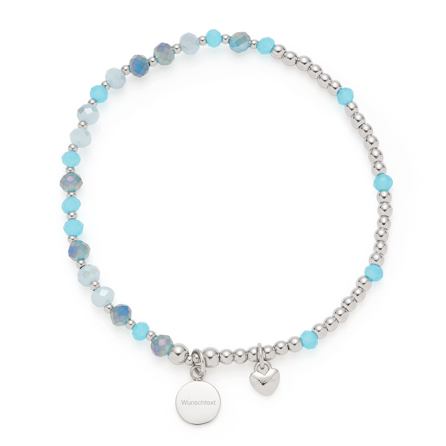 Armband AMITA You & Me mit türkisen und grauen Perlen, Silberplaketten und Gravur