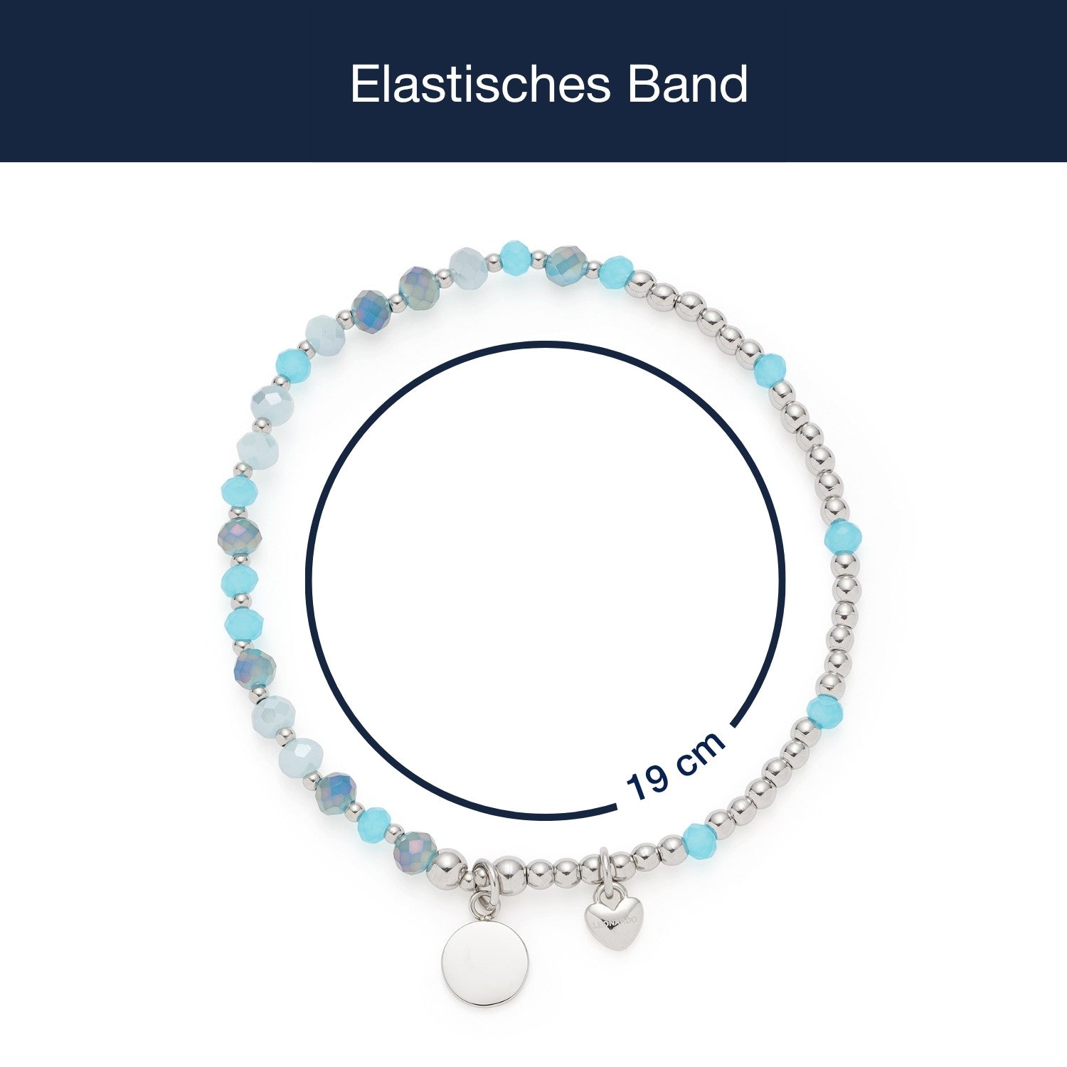 Elastisches Armband AMITA You & Me mit türkisen und grauen Perlen, Silberkettendetail und rundem Anhänger