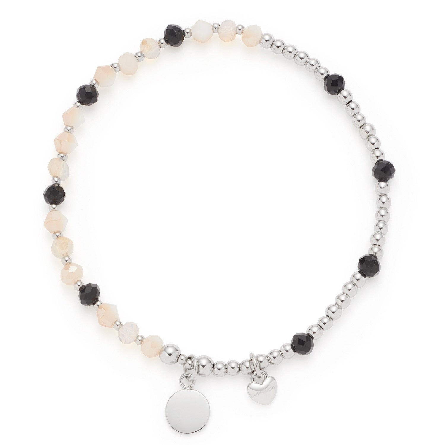 Armband LIORA You & Me CIAO mit schwarzen und beigen Perlen, silbernen Metallteilen und rundem Gravuranhänger