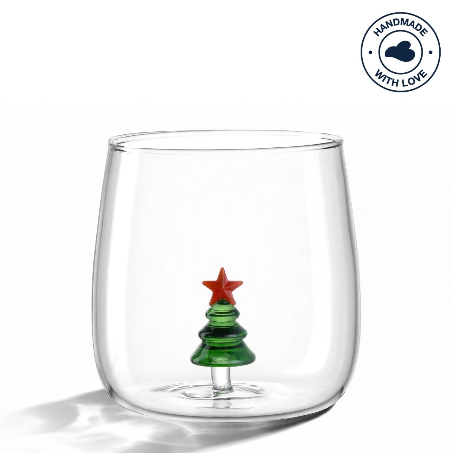 Trinkglas RIPOSO mit grünem Tannenbaum und rotem Stern innen