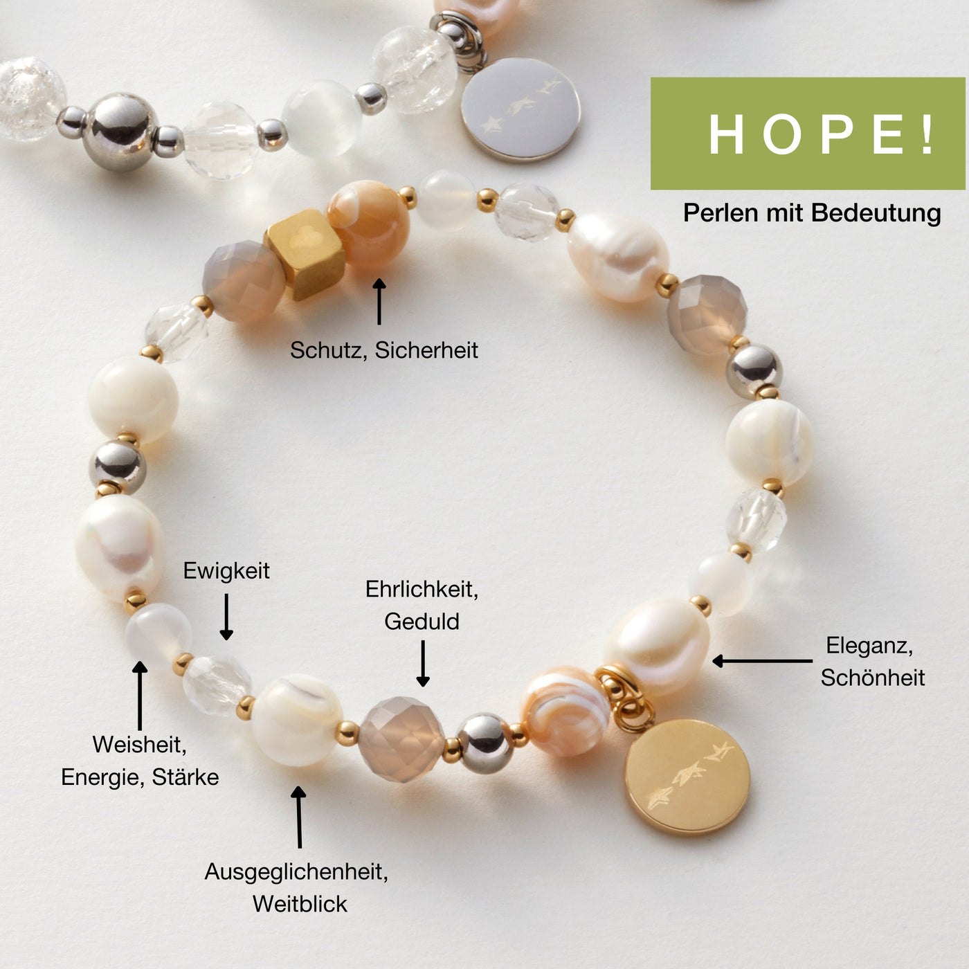 Armband mit verschiedenen Perlen, die jeweils für Schutz, Sicherheit, Ehrlichkeit, Geduld, Eleganz, Schönheit, Ausgeglichenheit, Weitblick, Weisheit, Energie, Stärke und Ewigkeit stehen; darüber steht „HOPE! – Perlen mit Bedeutung“