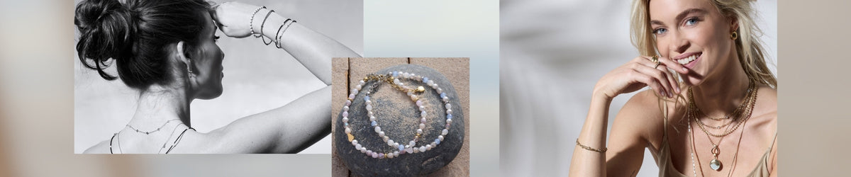 Frühjahr/Sommer Schmuck Kollektion 2026: Frau von hinten mit Halskette, Detailaufnahme von Perlenarmband, Frau von vorne mit Kette und Armband, helle Farbstimmung