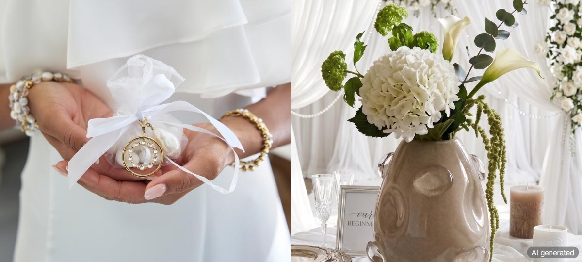 Brauthand mit Perlenarmband hält goldene Taschenuhr mit weißer Schleife, daneben Blumenstrauß mit weißen Nelken und Calla-Lilien in beiger Vase