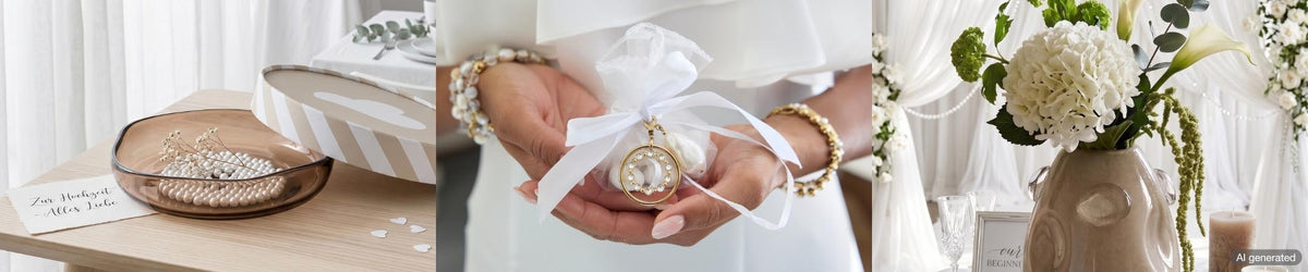 Braut mit Armband und goldenem Schmuck, Hochzeitsringe, weiße Blumen in Vase, elegante Hochzeitsdeko auf hellem Holztisch