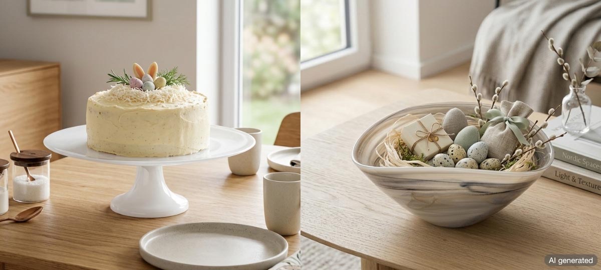 Festliche Ostertischdeko mit cremefarbener Torte auf Kuchenständer und Schale mit Ostereiern, Federn und Dekozweigen in neutralen Farbtönen