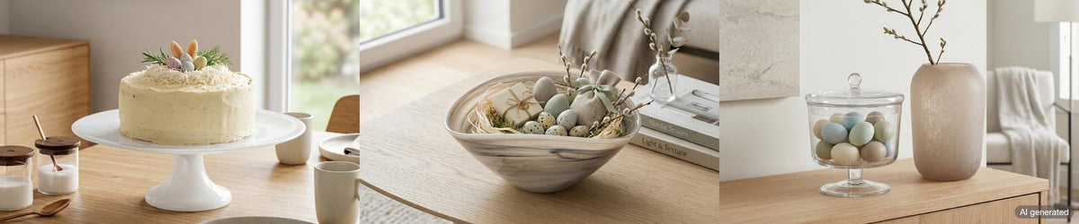 Ostertisch mit Torte auf Kuchenständer, Schale mit grünen Eiern, Glasvase mit Eiern, Keramikvasen und Dekoelementen in Natur- und Weißtönen